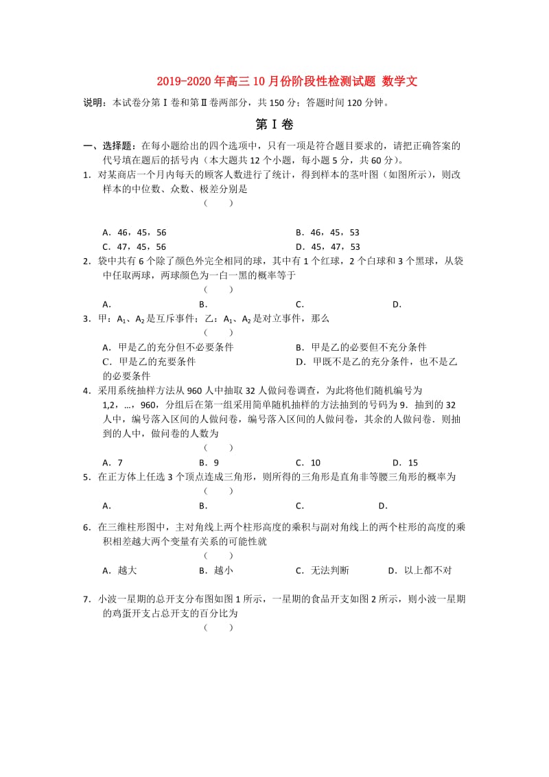 2019-2020年高三10月份阶段性检测试题 数学文.doc_第1页