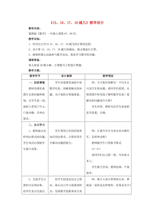 2019一年級數(shù)學(xué)上冊 第9單元《20以內(nèi)的減法》（15、16、17、18減幾）教案 （新版）冀教版.doc