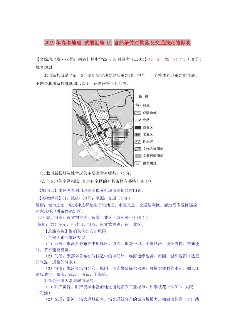 2019年高考地理 试题汇编 G1自然条件对聚落及交通线路的影响.doc_第1页