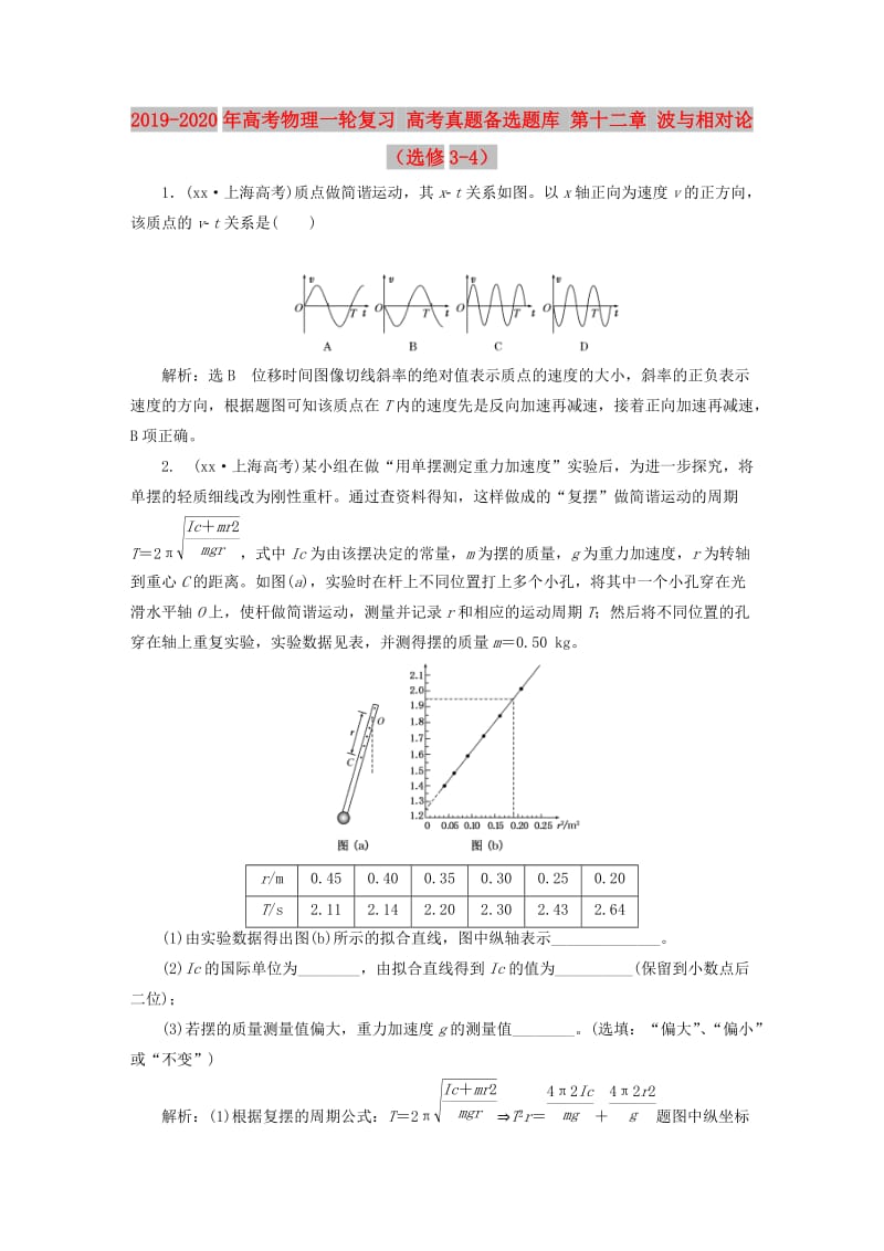 2019-2020年高考物理一轮复习 高考真题备选题库 第十二章 波与相对论（选修3-4）.DOC_第1页