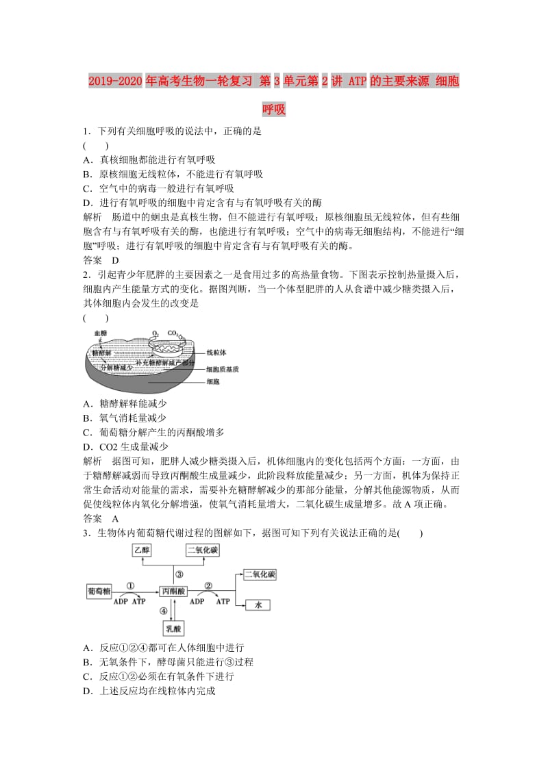 2019-2020年高考生物一轮复习 第3单元第2讲 ATP的主要来源 细胞呼吸.doc_第1页