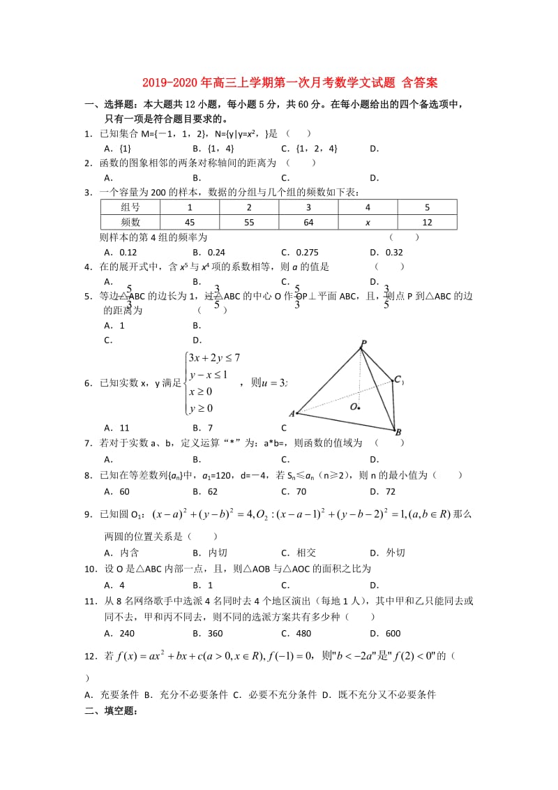 2019-2020年高三上学期第一次月考数学文试题 含答案.doc_第1页