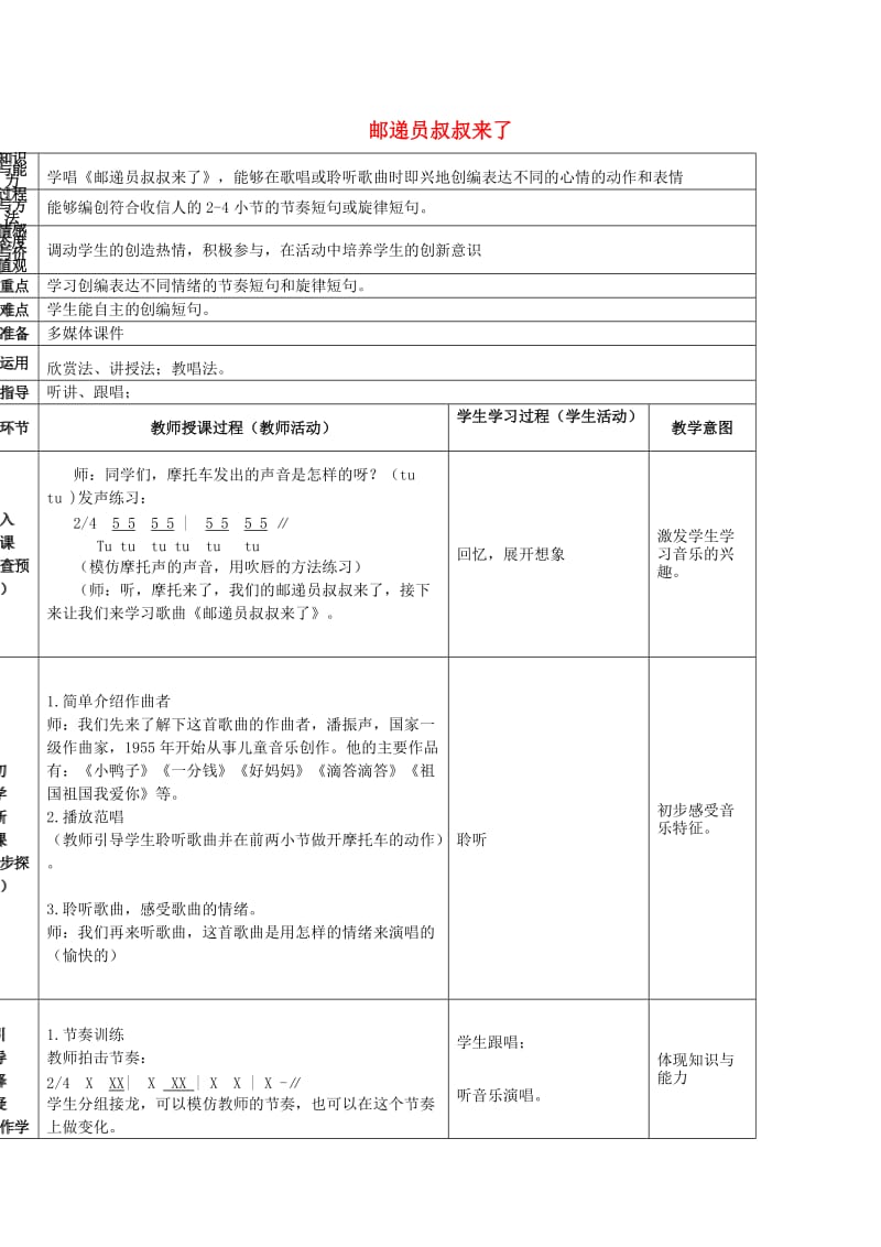 2019春四年级音乐下册 第8课《邮递员叔叔来了》教案 花城版.doc_第1页