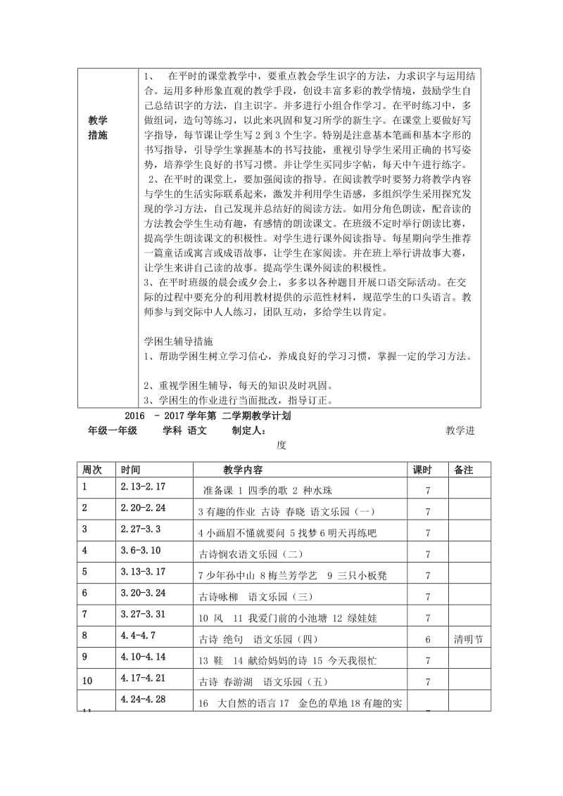 2019春一年级语文下册 教学计划 鄂教版.doc_第2页