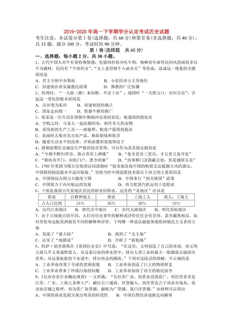 2019-2020年高一下学期学分认定考试历史试题.doc_第1页