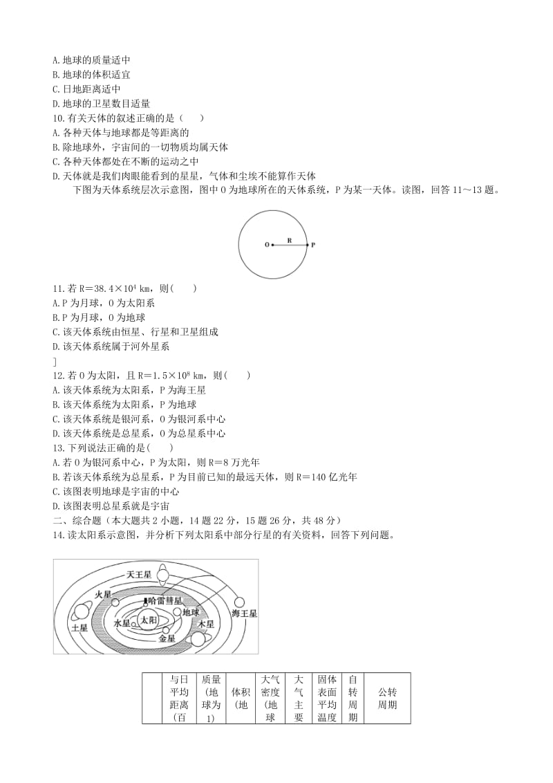 2019-2020年高中地理 第一章 第一节 地球的宇宙环境同步练测 湘教版必修1.doc_第2页