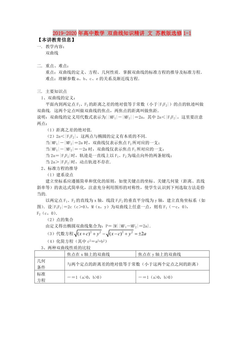 2019-2020年高中数学 双曲线知识精讲 文 苏教版选修1-1.doc_第1页