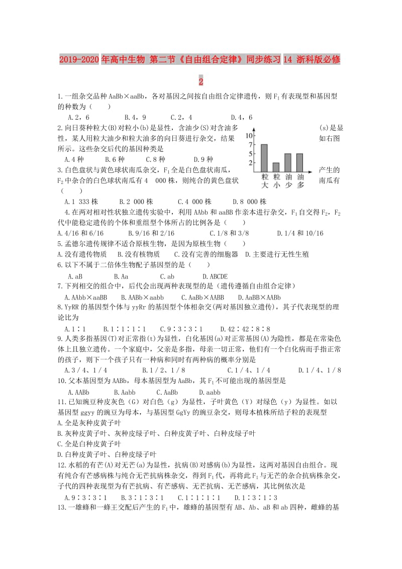 2019-2020年高中生物 第二节《自由组合定律》同步练习14 浙科版必修2.doc_第1页