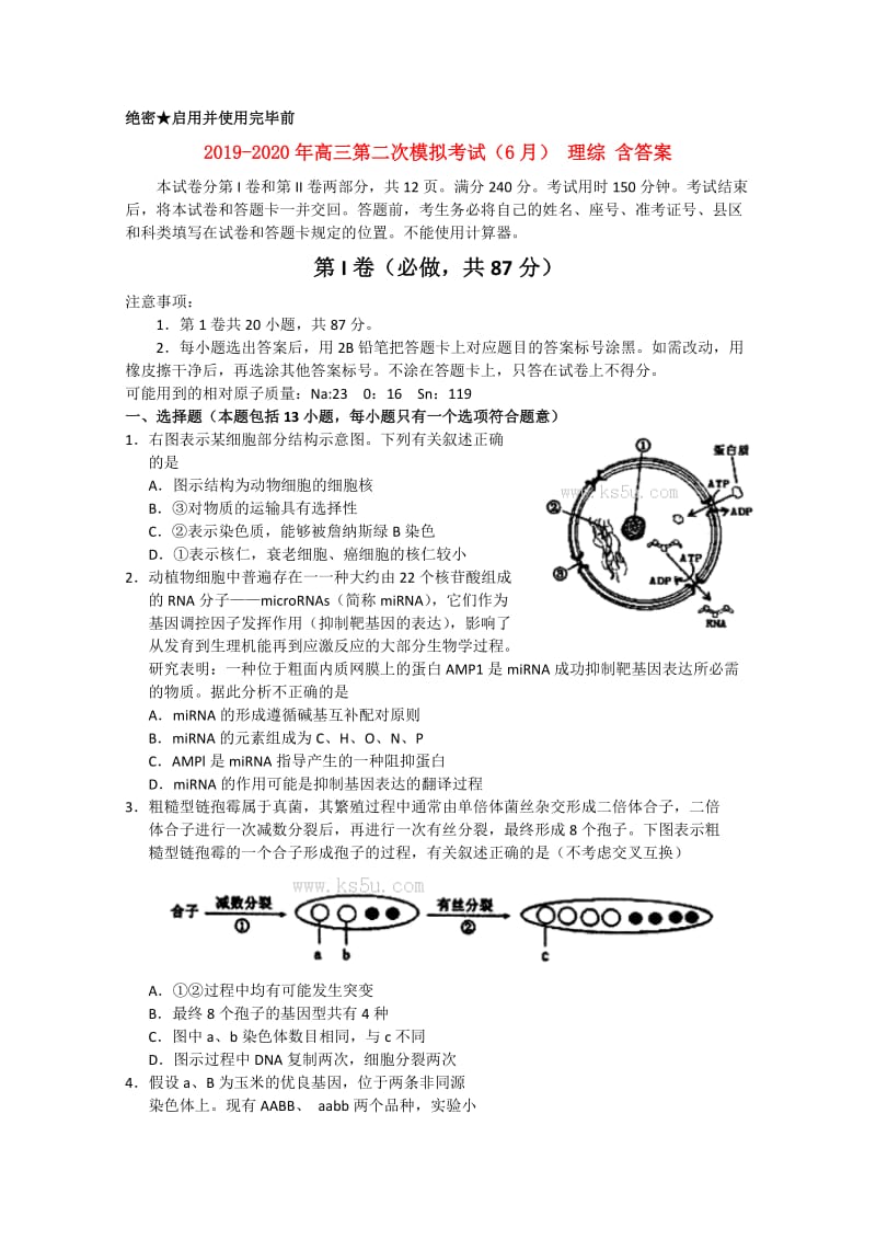 2019-2020年高三第二次模拟考试（6月） 理综 含答案.doc_第1页