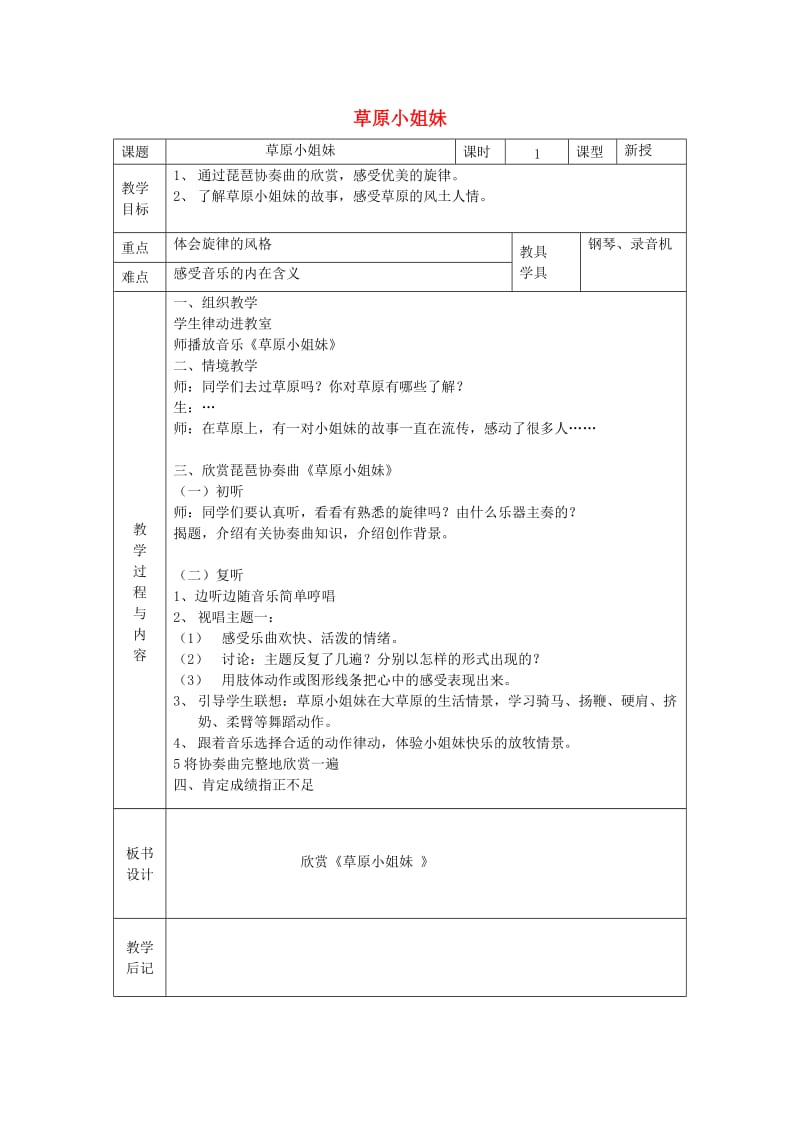 2019春五年级音乐下册 第一单元《草原小姐妹》教案 苏少版.doc_第1页