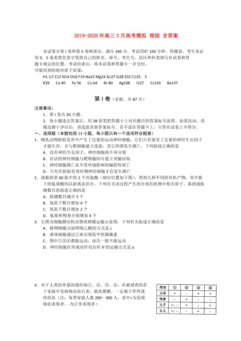 2019-2020年高三3月高考模拟 理综 含答案.doc_第1页