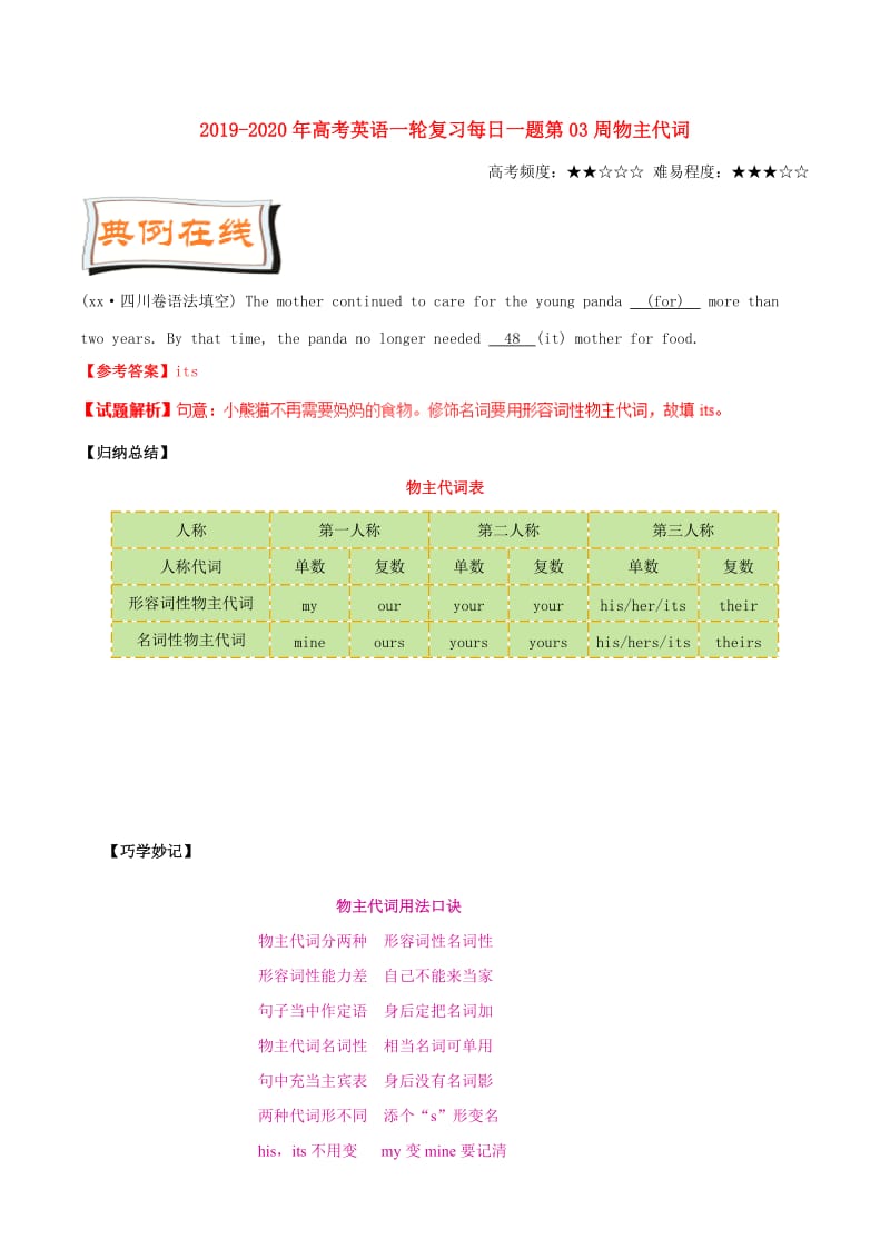 2019-2020年高考英语一轮复习每日一题第03周物主代词.doc_第1页