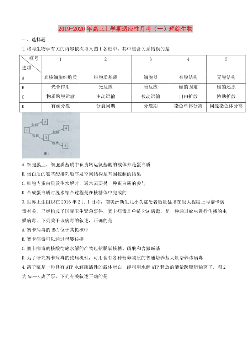 2019-2020年高三上学期适应性月考（一）理综生物.doc_第1页