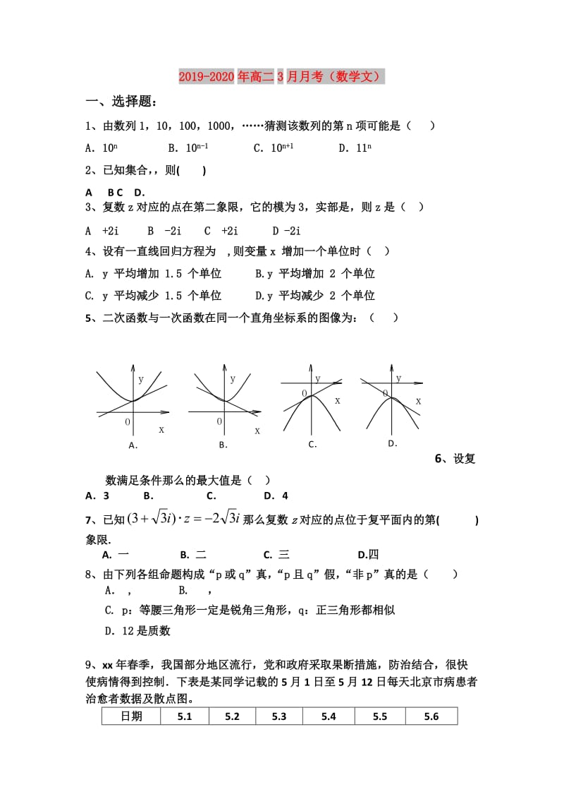 2019-2020年高二3月月考（数学文）.doc_第1页