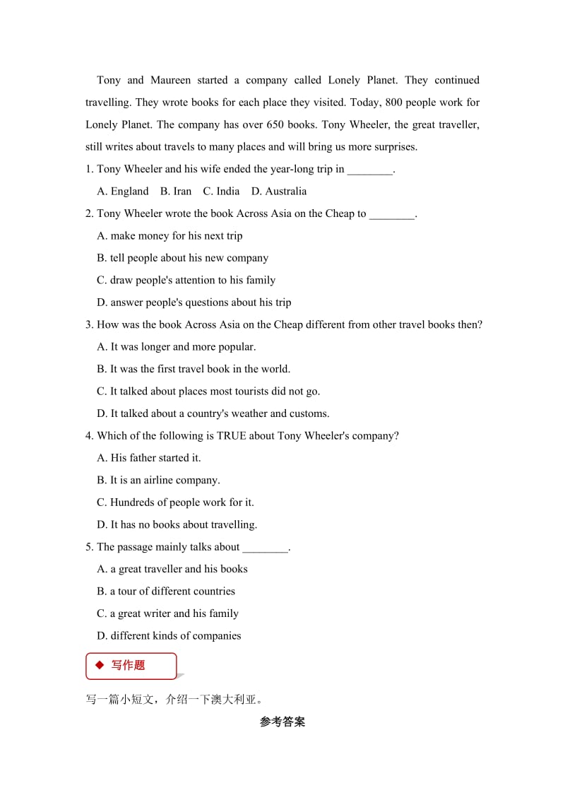 四年级英语下册 Unit 4 countries We Know Lesson 23 Australia一课一练 冀教版.doc_第2页