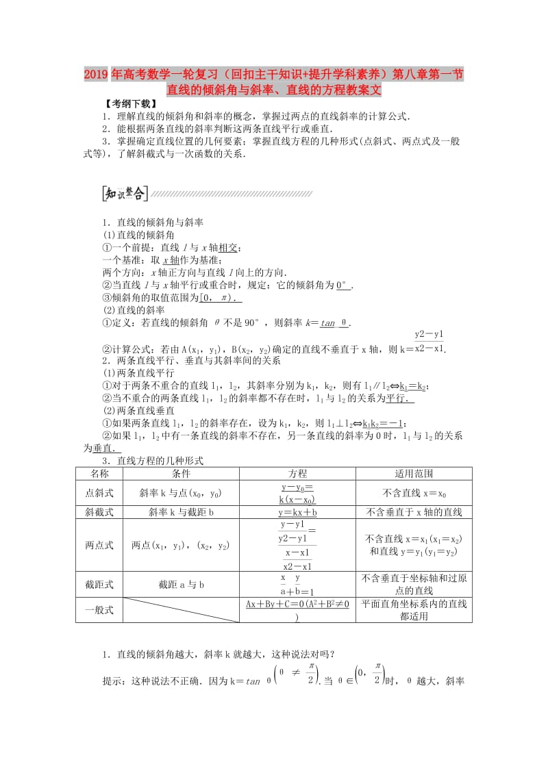 2019年高考数学一轮复习（回扣主干知识+提升学科素养）第八章第一节直线的倾斜角与斜率、直线的方程教案文.doc_第1页