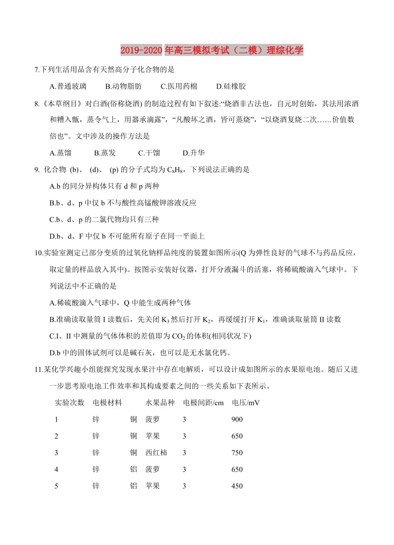 2019-2020年高三模拟考试（二模）理综化学.doc_第1页