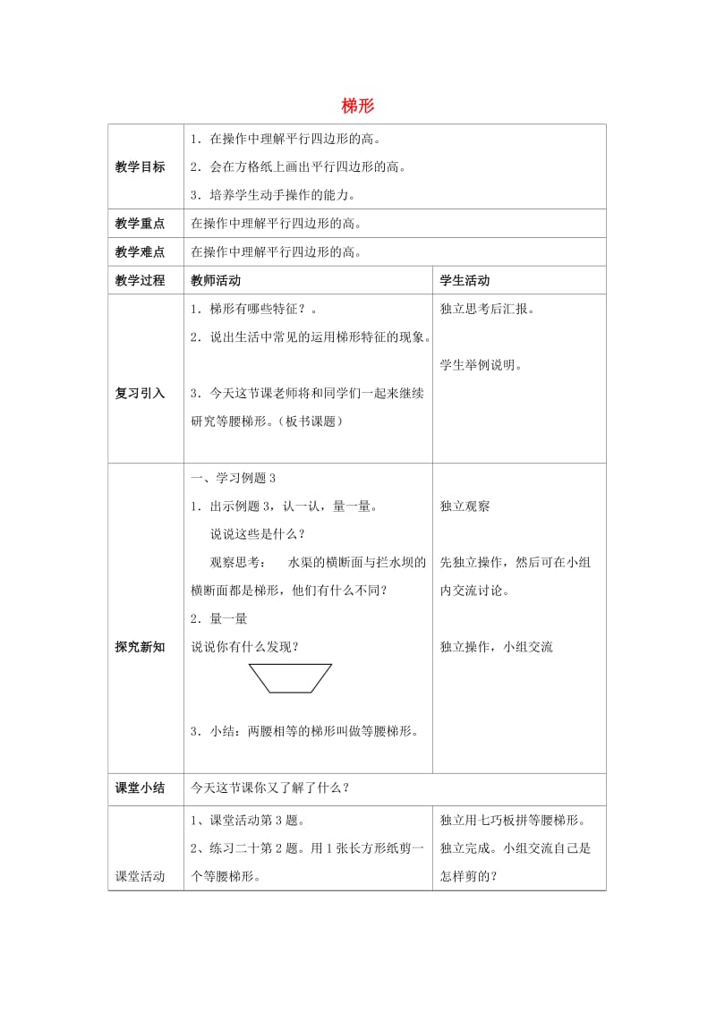 2019春四年级数学下册 6.2《梯形》教案6 （新版）西师大版.doc_第1页