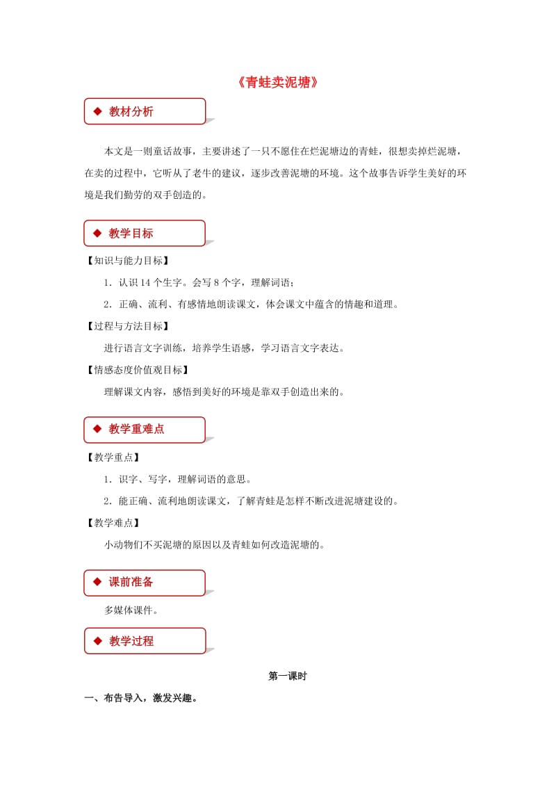 2019二年级语文下册 课文6 21《青蛙卖泥塘》教学设计 新人教版.docx_第1页