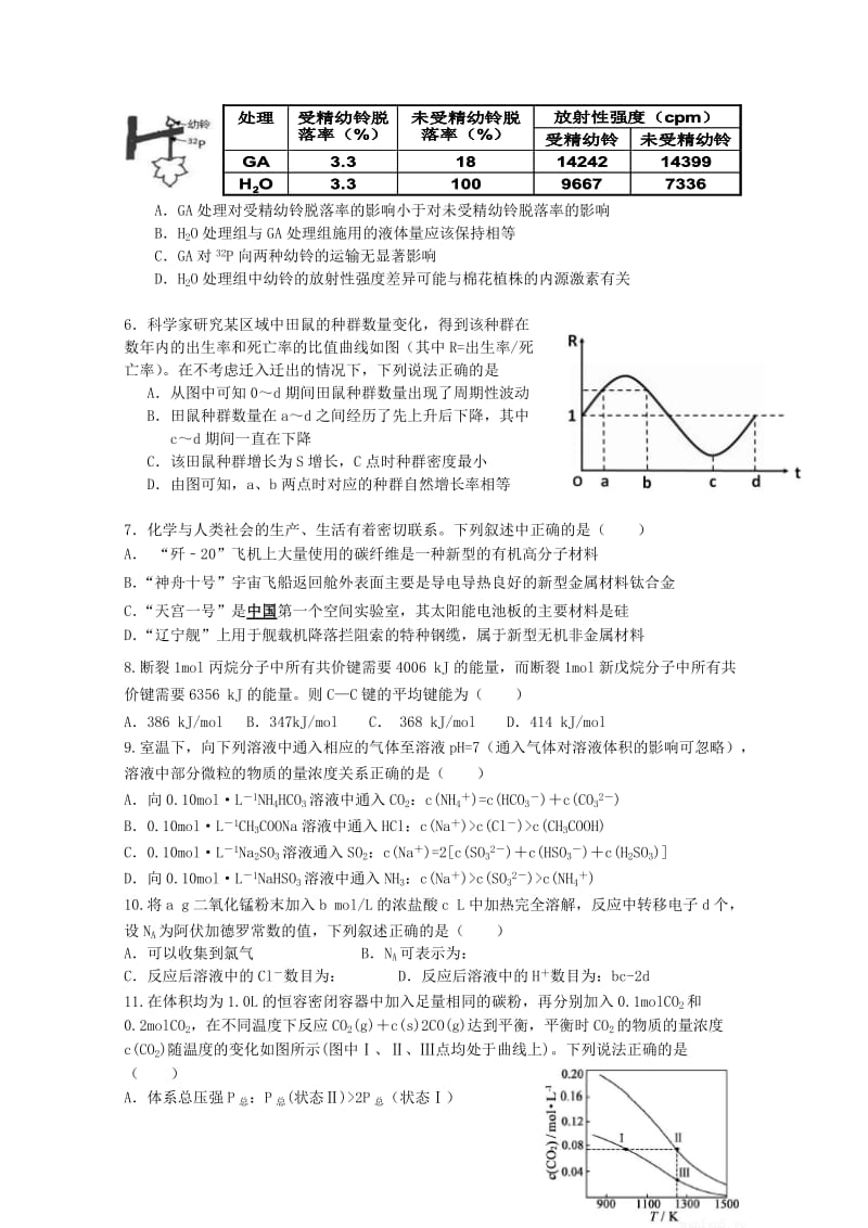 2019-2020年高三下学期理综强化试卷（实验班5.17） 含答案.doc_第2页