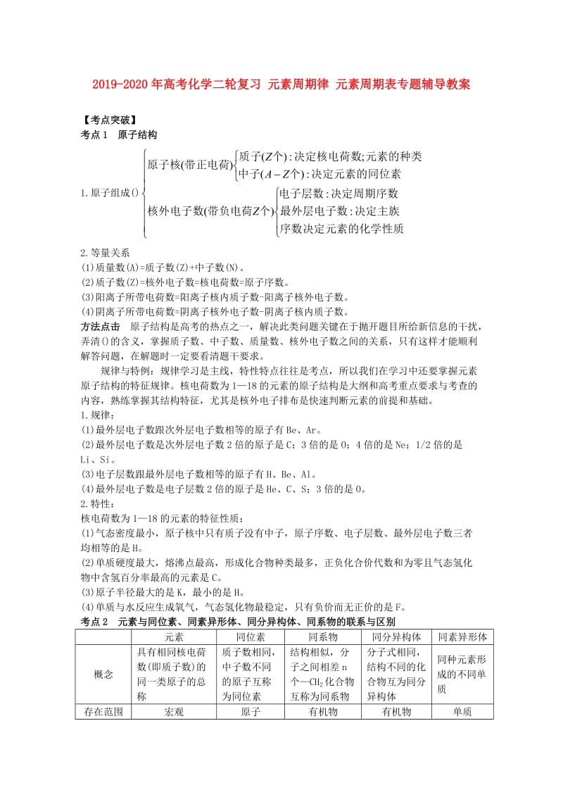 2019-2020年高考化学二轮复习 元素周期律 元素周期表专题辅导教案.doc_第1页