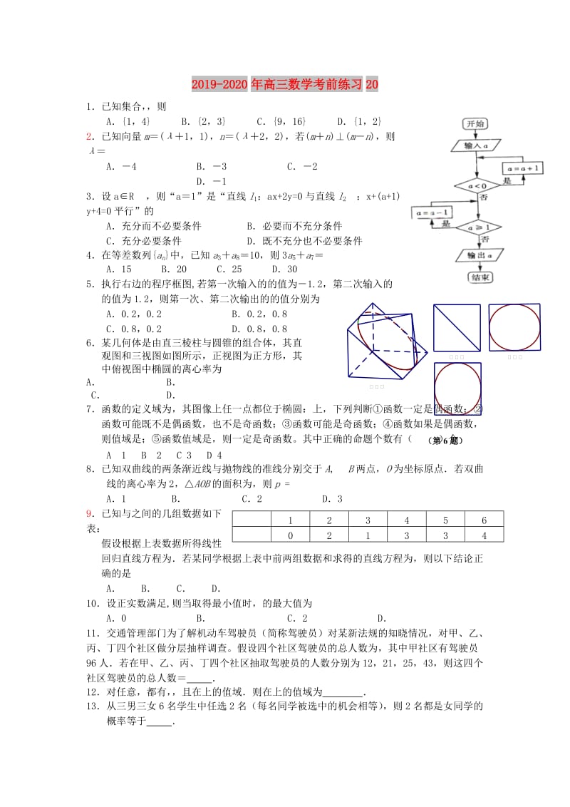 2019-2020年高三数学考前练习20.doc_第1页