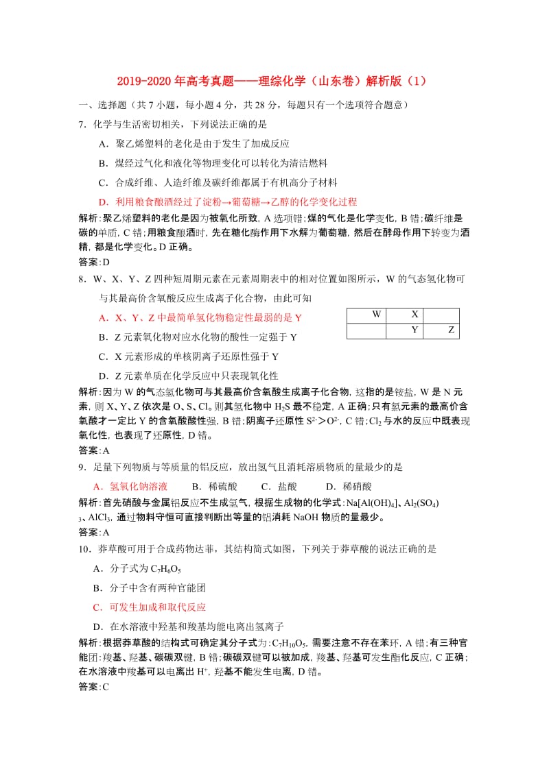 2019-2020年高考真题——理综化学（山东卷）解析版（1）.doc_第1页