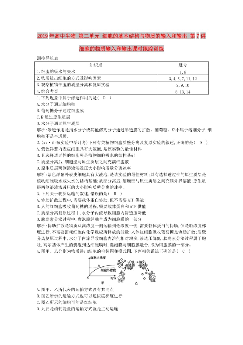 2019年高中生物 第二单元 细胞的基本结构与物质的输入和输出 第7讲 细胞的物质输入和输出课时跟踪训练.doc_第1页