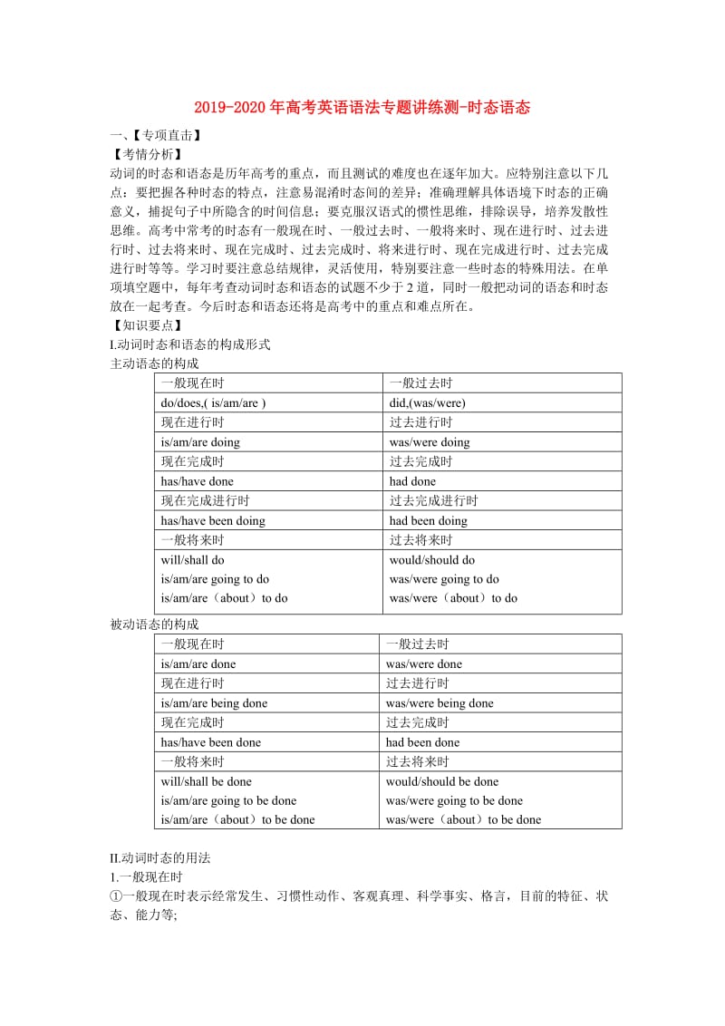 2019-2020年高考英语语法专题讲练测-时态语态.doc_第1页