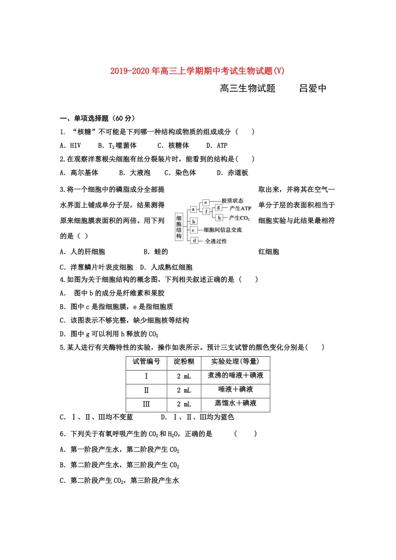 2019-2020年高三上学期期中考试生物试题(V).doc_第1页