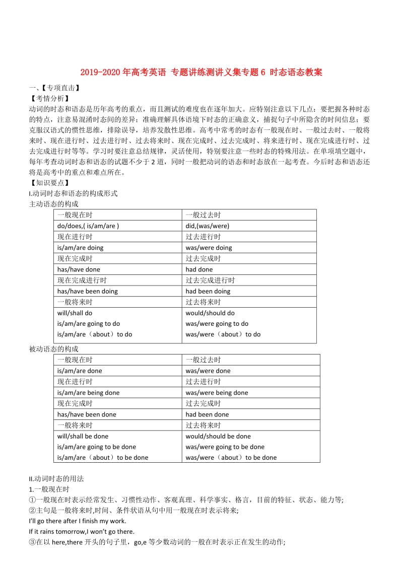 2019-2020年高考英语 专题讲练测讲义集专题6 时态语态教案.doc_第1页