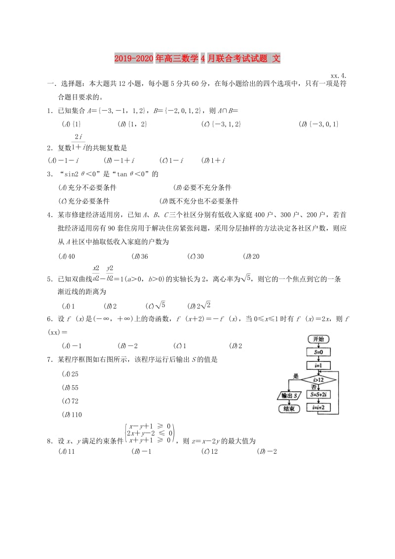 2019-2020年高三数学4月联合考试试题 文.doc_第1页