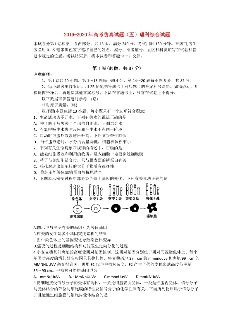 2019-2020年高考仿真试题（五）理科综合试题.doc_第1页