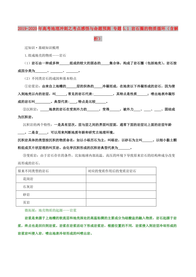 2019-2020年高考地理冲刺之考点感悟与命题预测 专题5.1 岩石圈的物质循环（含解析）.doc_第1页