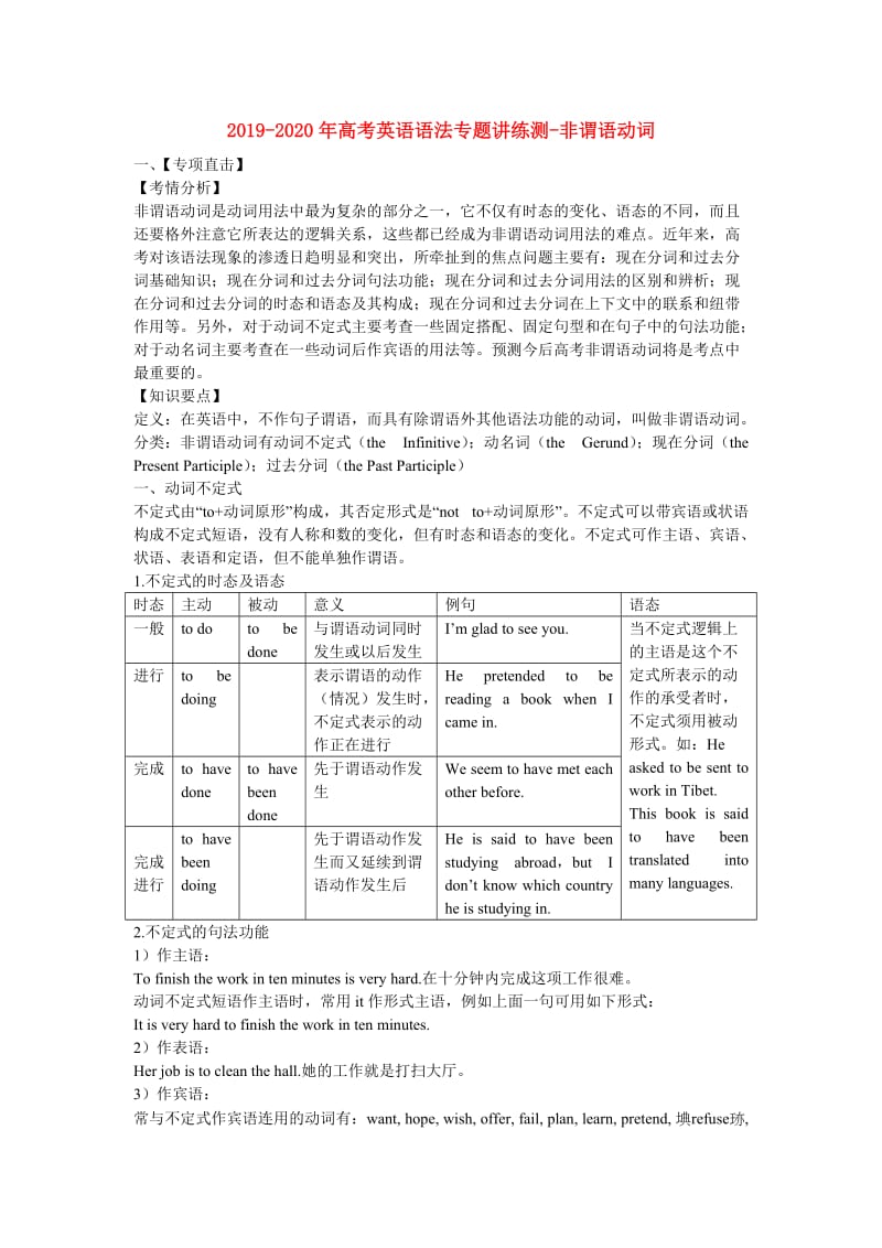 2019-2020年高考英语语法专题讲练测-非谓语动词.doc_第1页