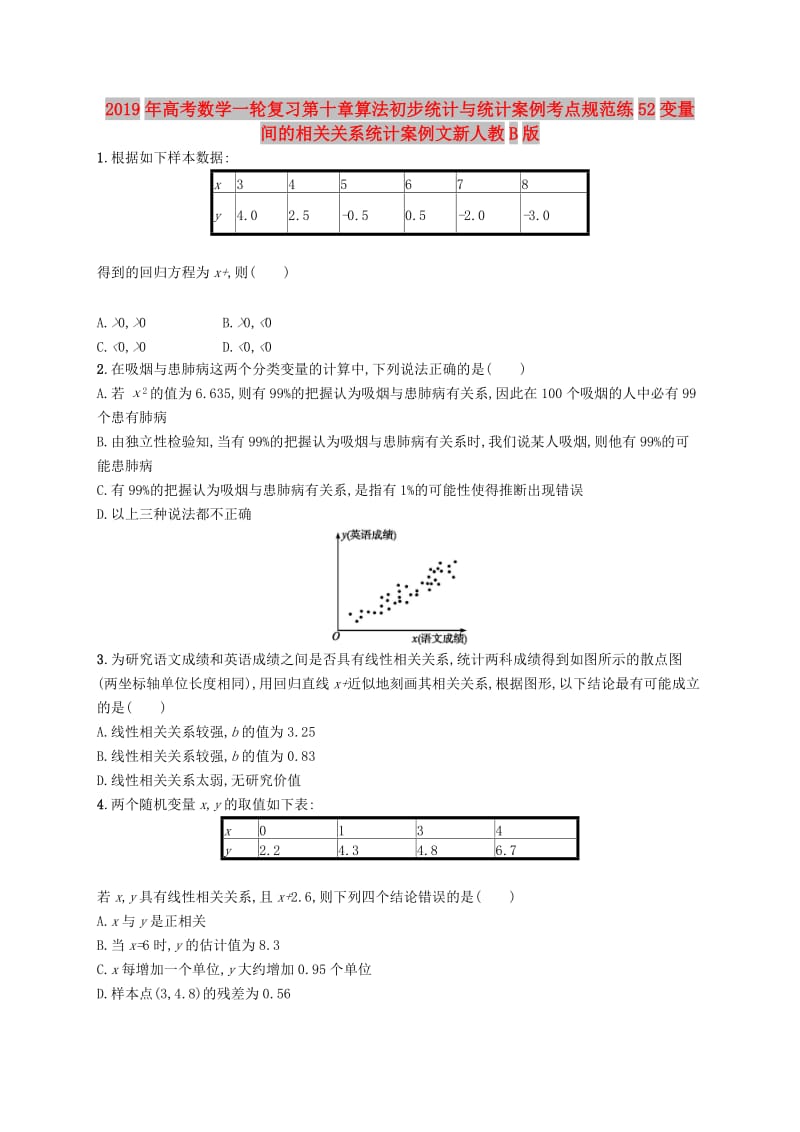 2019年高考数学一轮复习第十章算法初步统计与统计案例考点规范练52变量间的相关关系统计案例文新人教B版.doc_第1页