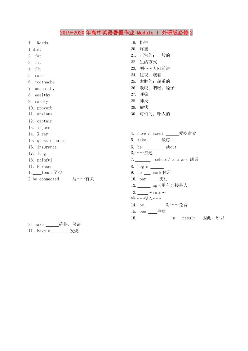 2019-2020年高中英语暑假作业 Module 1 外研版必修2.doc_第1页