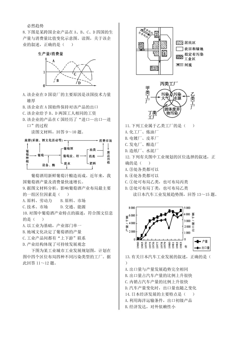 2019-2020年高中地理 第四章 工业地域的形成与发展 本章练测 新人教版必修2.doc_第2页