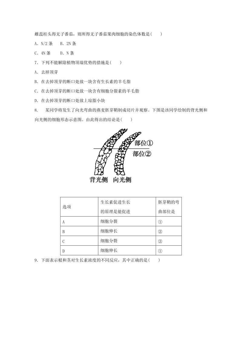 2019-2020年高中生物 第三章植物激素的调节期末测试卷 新人教版必修3.doc_第2页