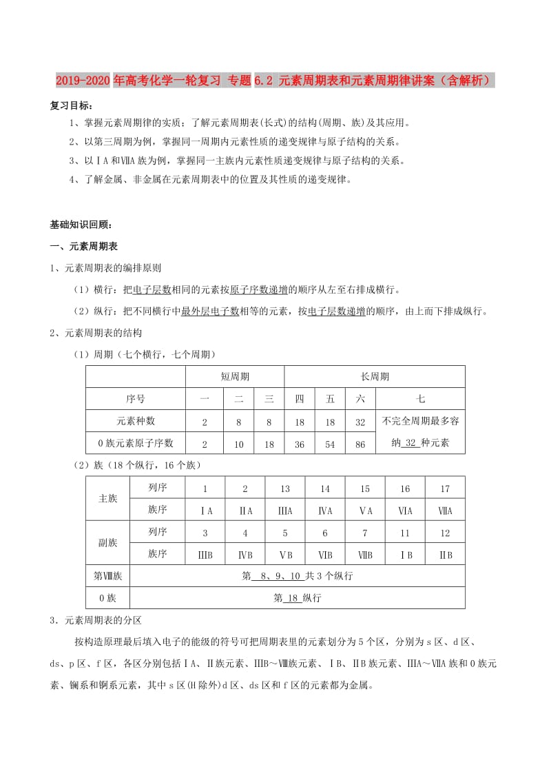 2019-2020年高考化学一轮复习 专题6.2 元素周期表和元素周期律讲案（含解析）.doc_第1页