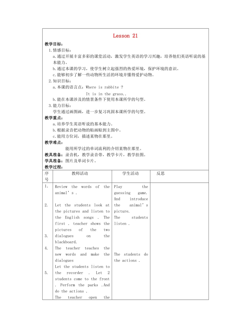 二年级英语上册Unit4Revisionlesson21-22教案人教新起点.doc_第1页