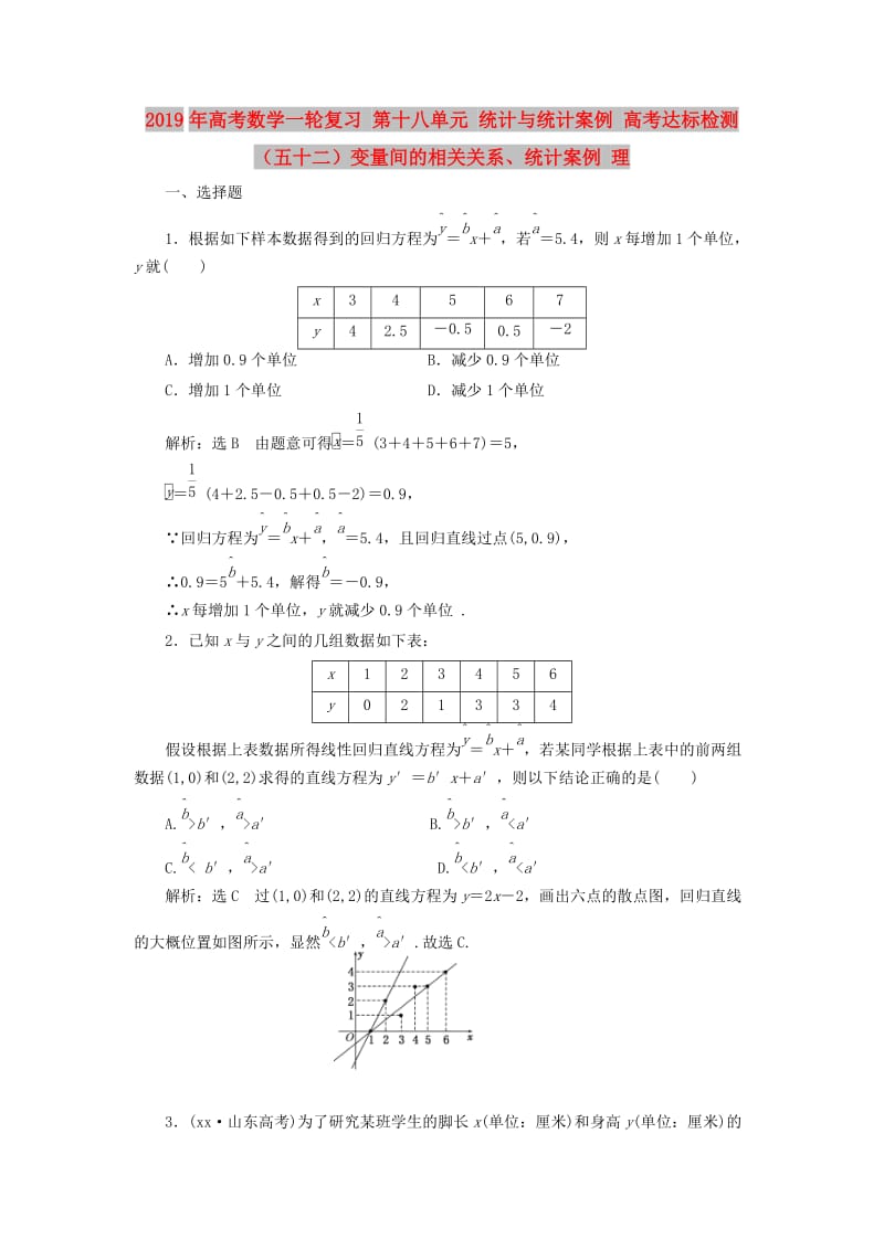 2019年高考数学一轮复习 第十八单元 统计与统计案例 高考达标检测（五十二）变量间的相关关系、统计案例 理.doc_第1页