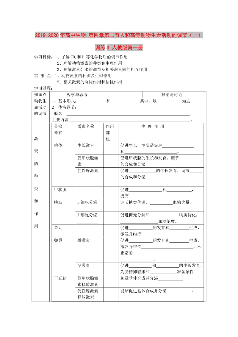 2019-2020年高中生物 第四章第二节人和高等动物生命活动的调节（一）训练3 人教版第一册.doc_第1页