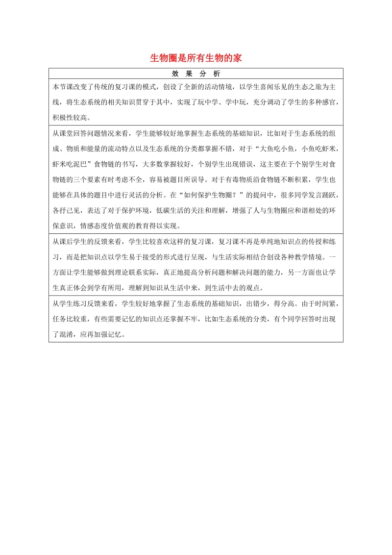 六年级生物上册 第一单元 第二章 生物圈是所有生物的家效果分析 鲁科版（五四制）.doc_第1页