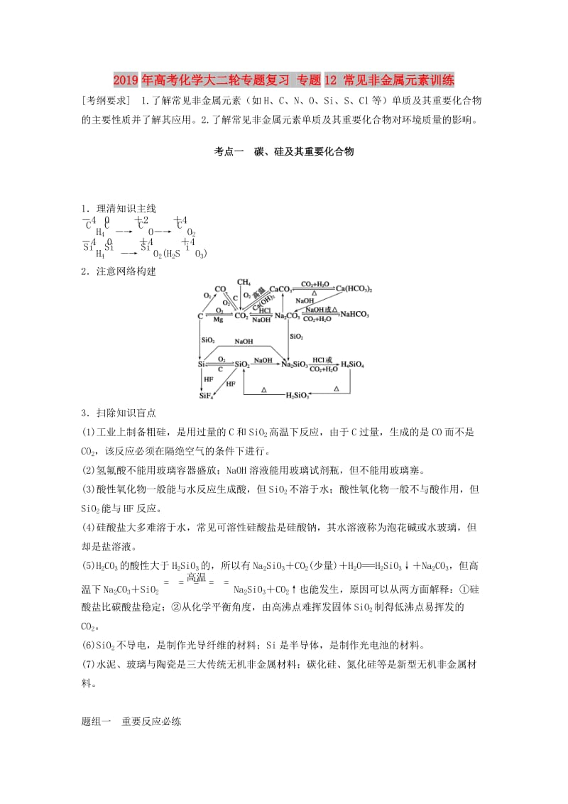 2019年高考化学大二轮专题复习 专题12 常见非金属元素训练.doc_第1页