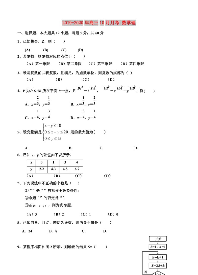 2019-2020年高三10月月考 数学理.doc_第1页