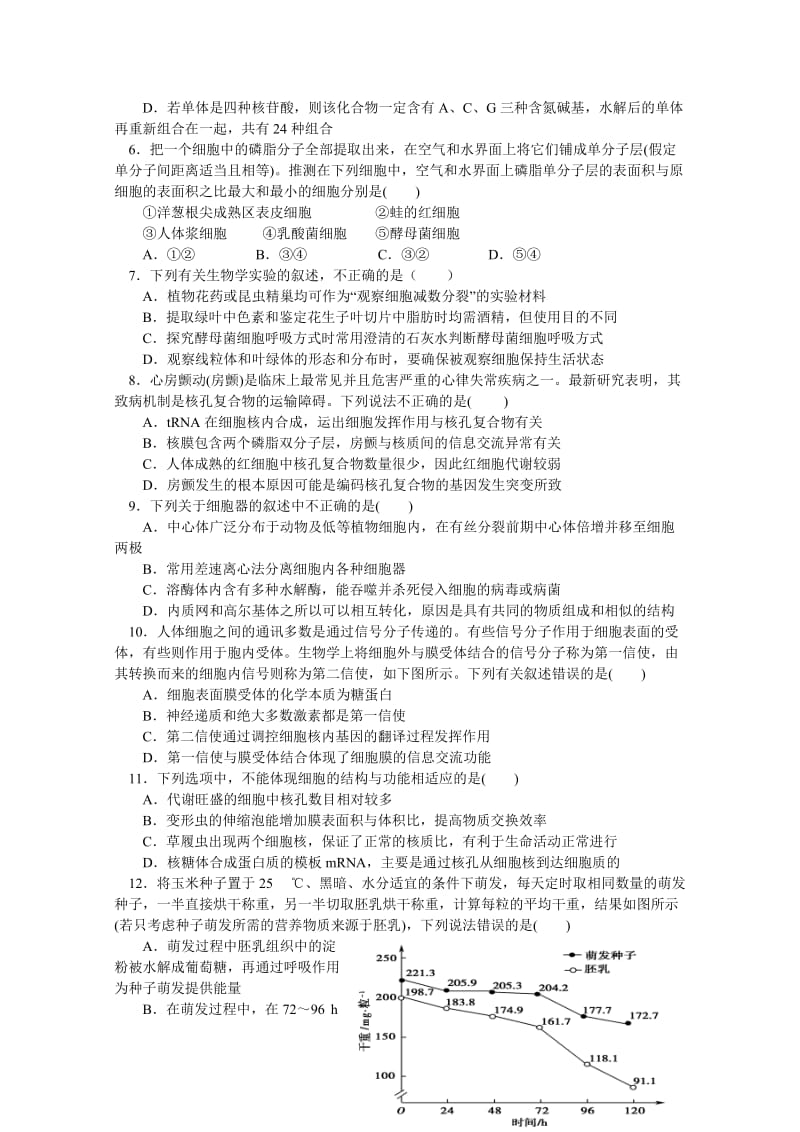 2019-2020年高三上学期第一次月考生物试题（零、培优、实验、理补班） 含答案.doc_第2页