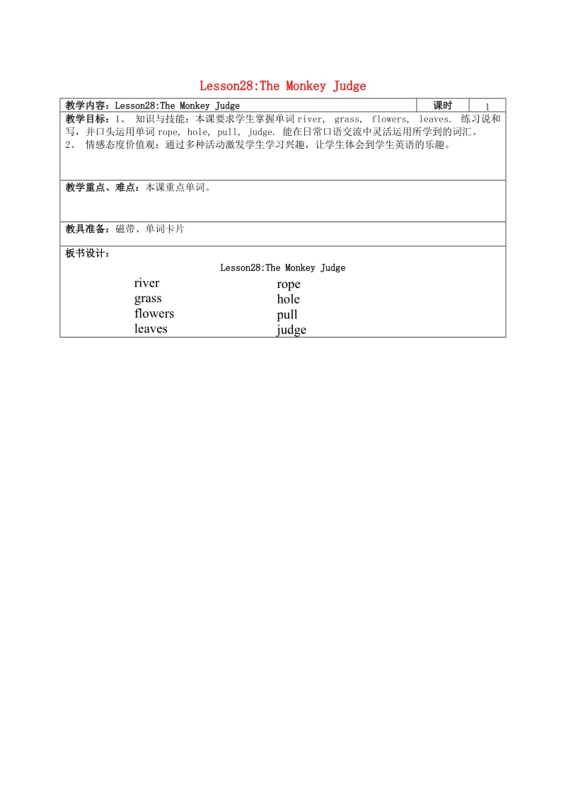 四年级英语上册 Lesson 28 The Monkey Judge教案 冀教版.doc_第1页