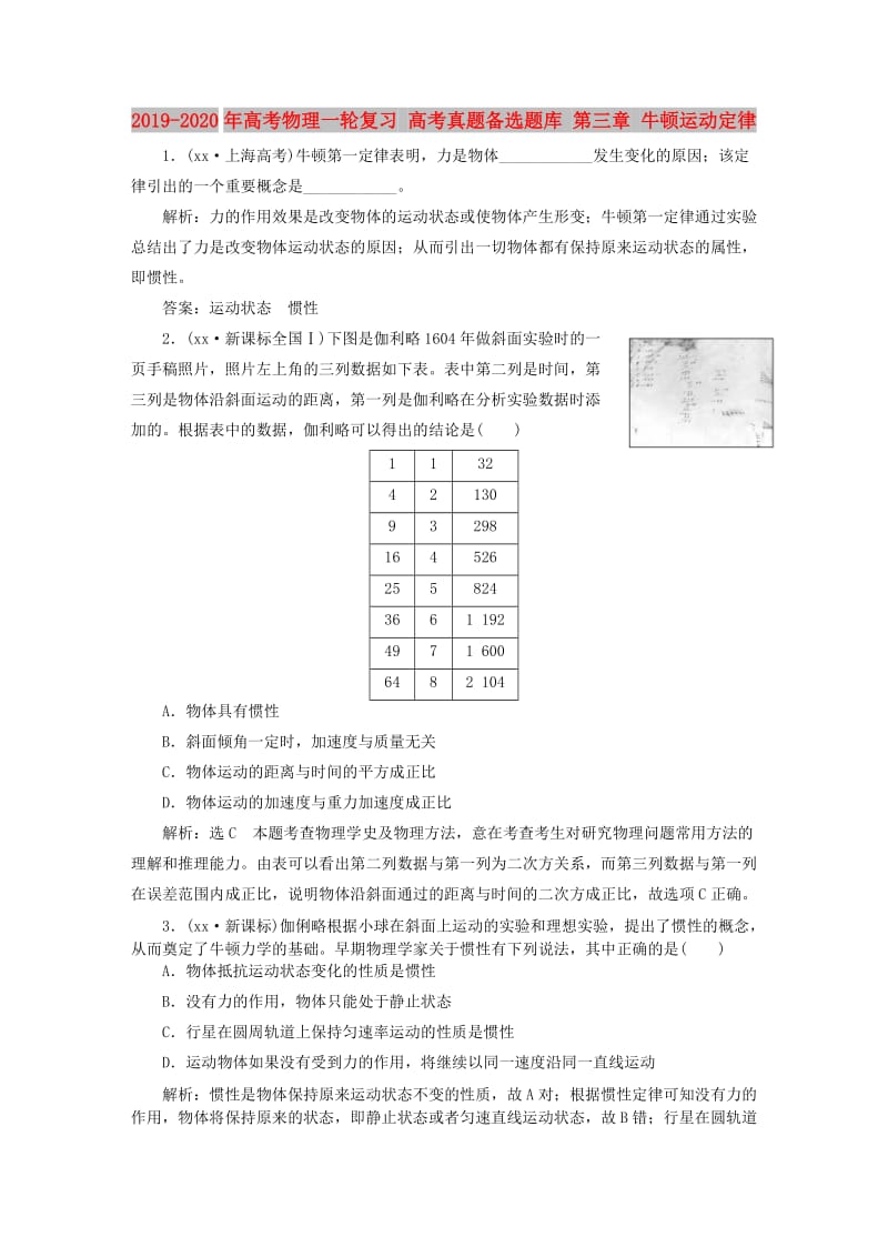 2019-2020年高考物理一轮复习 高考真题备选题库 第三章 牛顿运动定律.DOC_第1页