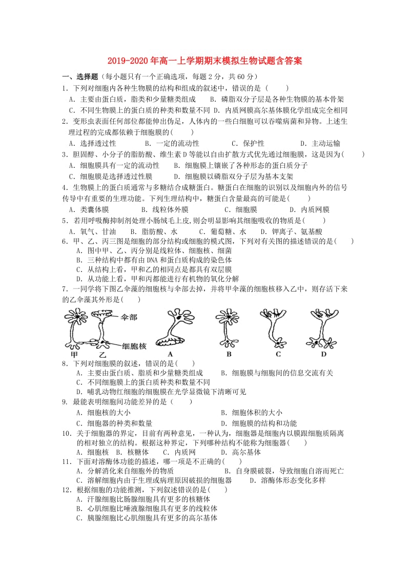 2019-2020年高一上学期期末模拟生物试题含答案.doc_第1页